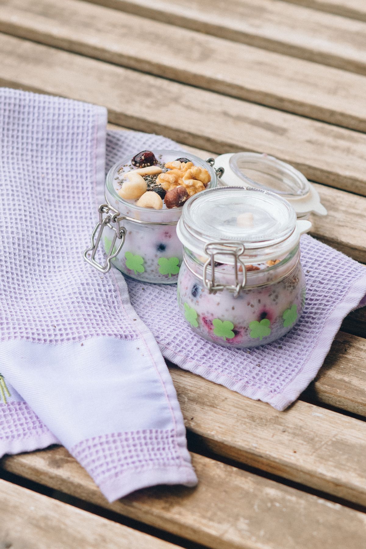 Chia seed pudding served in glass jars.