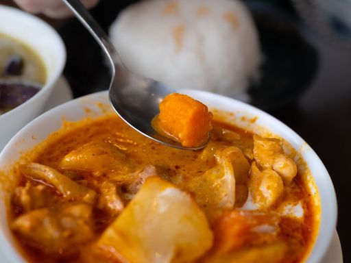Close-up of Thai red curry with vegetables