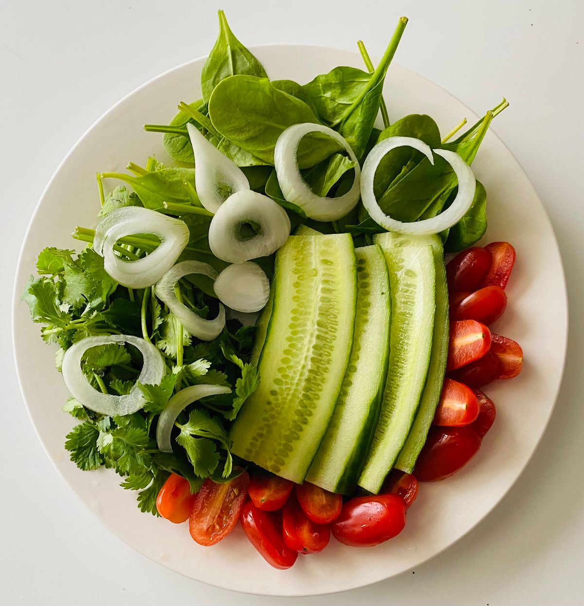 Colorful salad with cucumbers, tomatoes, onions, and greens.