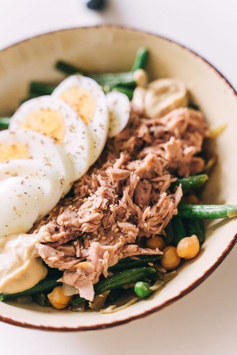 Delicious salad featuring tuna, boiled eggs, green beans, and chickpeas for a nutritious m